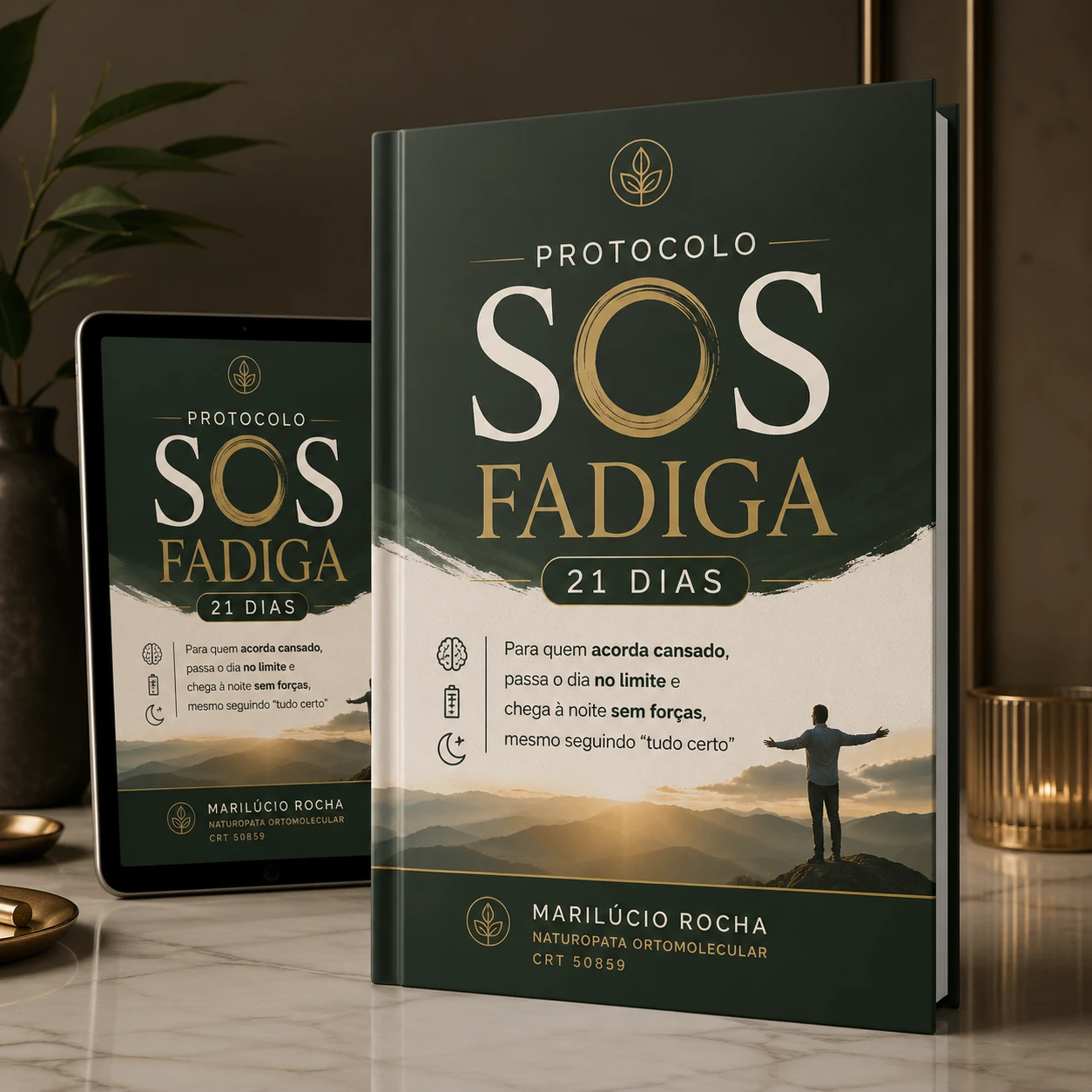 Mockup do Protocolo SOS Fadiga em formato de livro digital e tablet